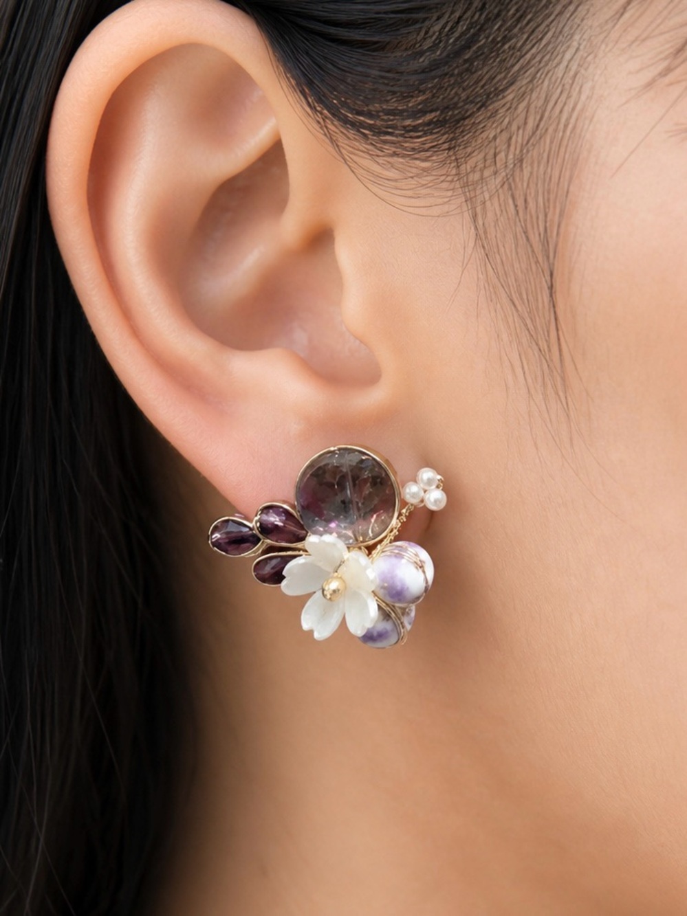 Floral Crystal Stud Earrings with Iridescent and Purple Accents